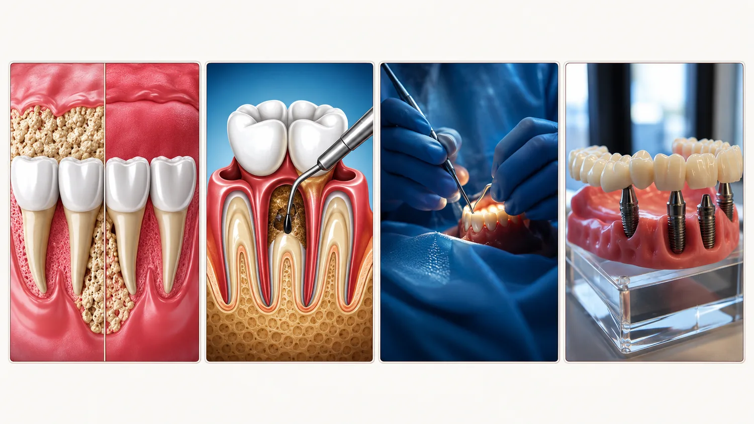 Gum disease treatment stages: gingivitis with tartar buildup, root planing and scaling, periodontal surgery, and dental implants