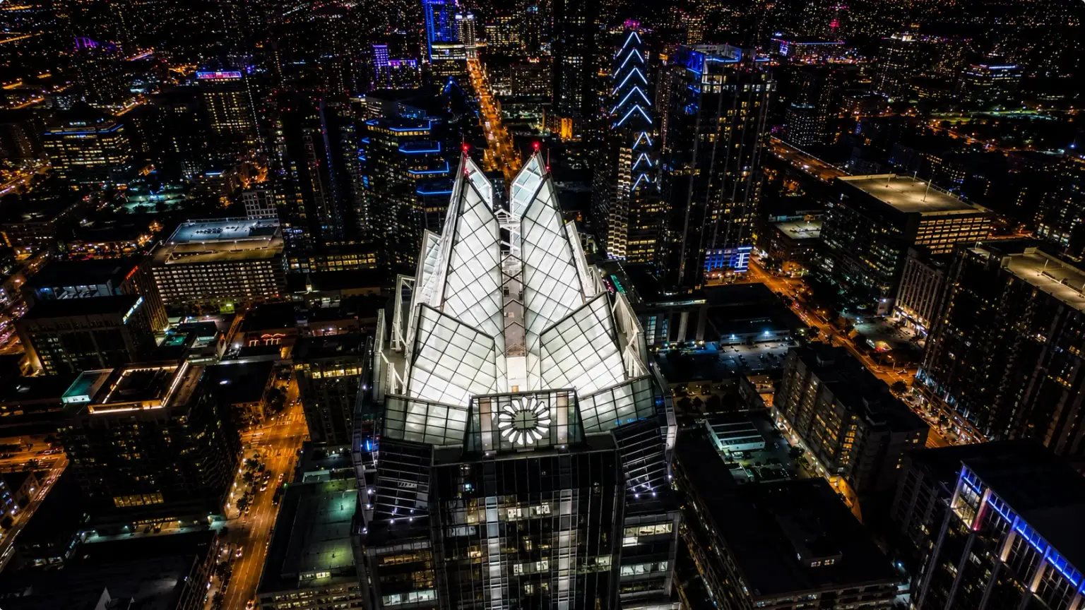 The Frost Bank Tower crown in the downtown Austin skyline at night