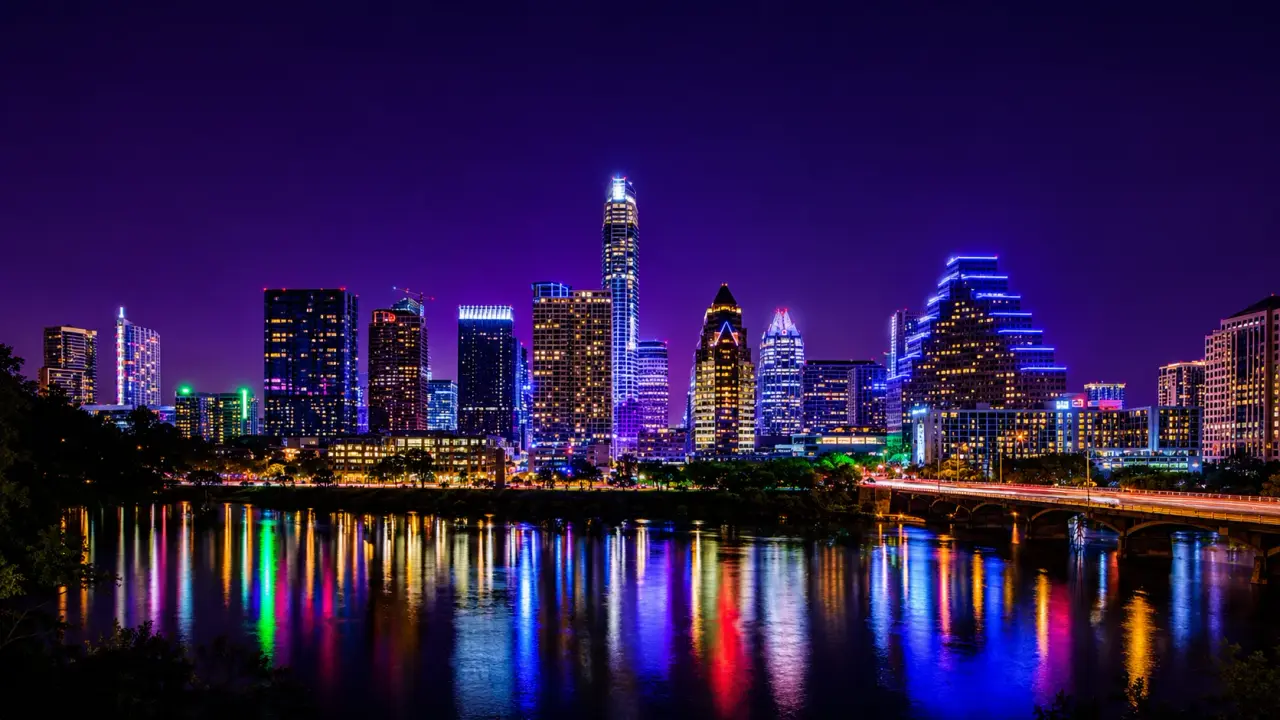 The downtown Austin skyline at night — about 80 miles north of San Antonio