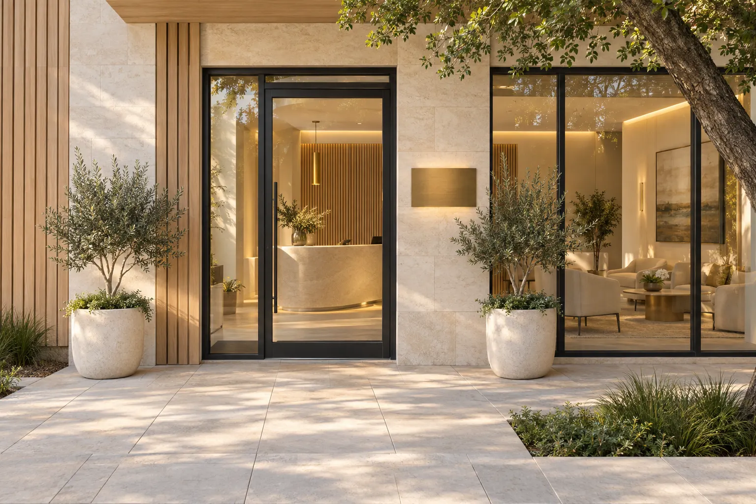 The PerioEdge street entrance — limestone and oak façade, glass door, olive trees in stone planters