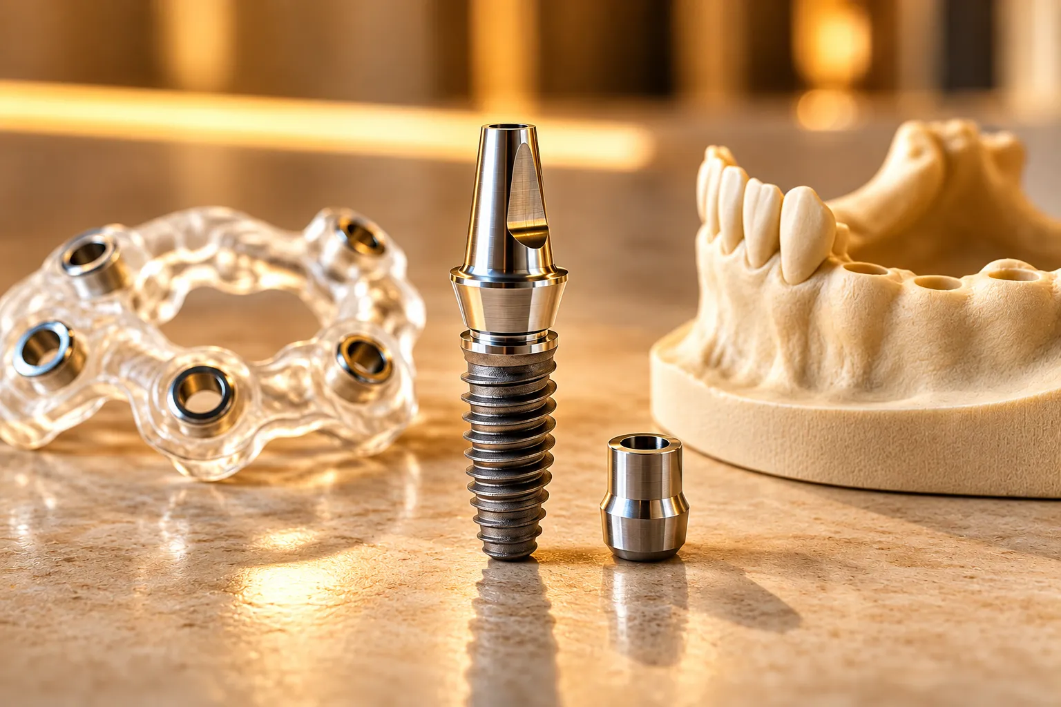 A titanium dental implant beside a surgical guide and jaw model