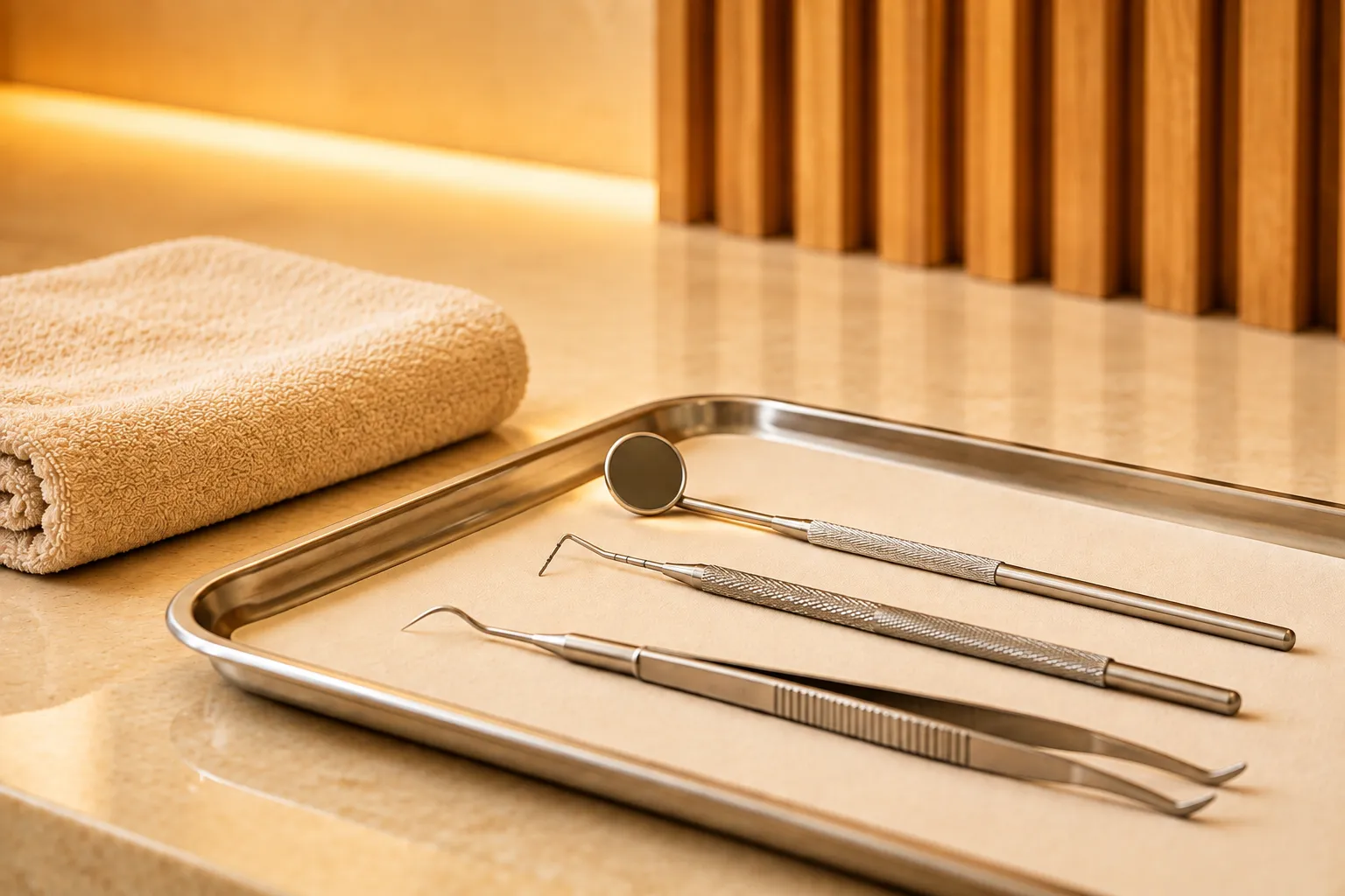 A sterile tray of periodontal instruments — probe, scaler, and mirror — in the PerioEdge suite