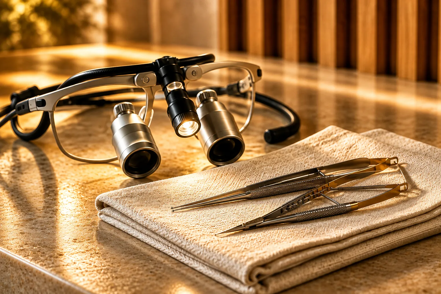 Surgical loupes and fine microsurgical instruments on cream linen