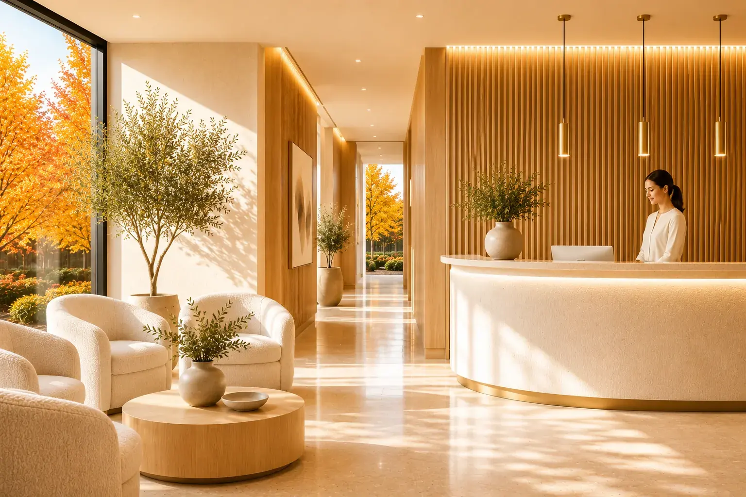 The PerioEdge lounge and front desk in warm daylight