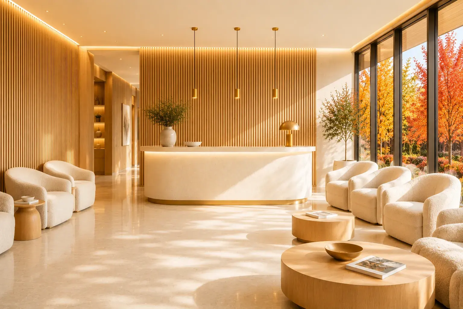 The PerioEdge reception in bright morning light — curved stone desk, oak paneling, and lounge seating