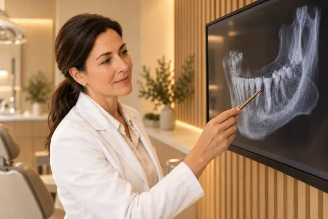 Dr. Jane Smith reviewing a 3D jaw scan before an extraction