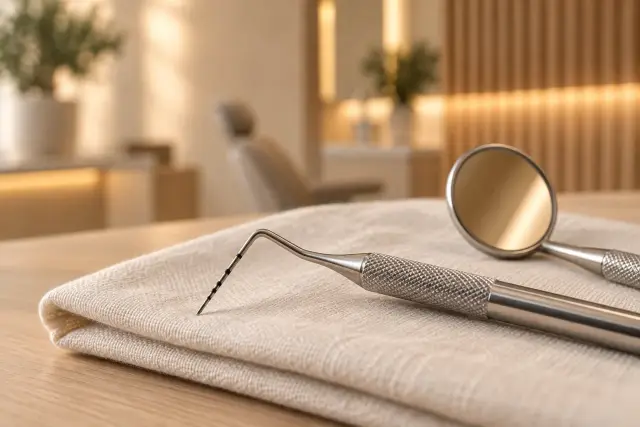 A periodontal probe and mirror resting on ivory linen