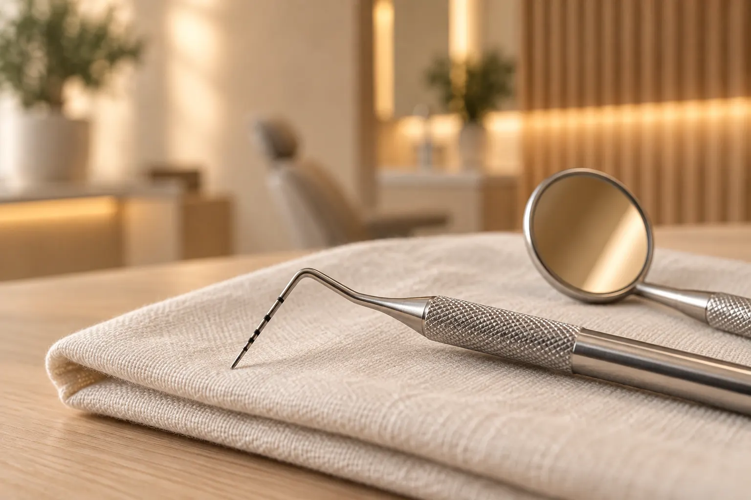 A periodontal probe and mirror resting on ivory linen