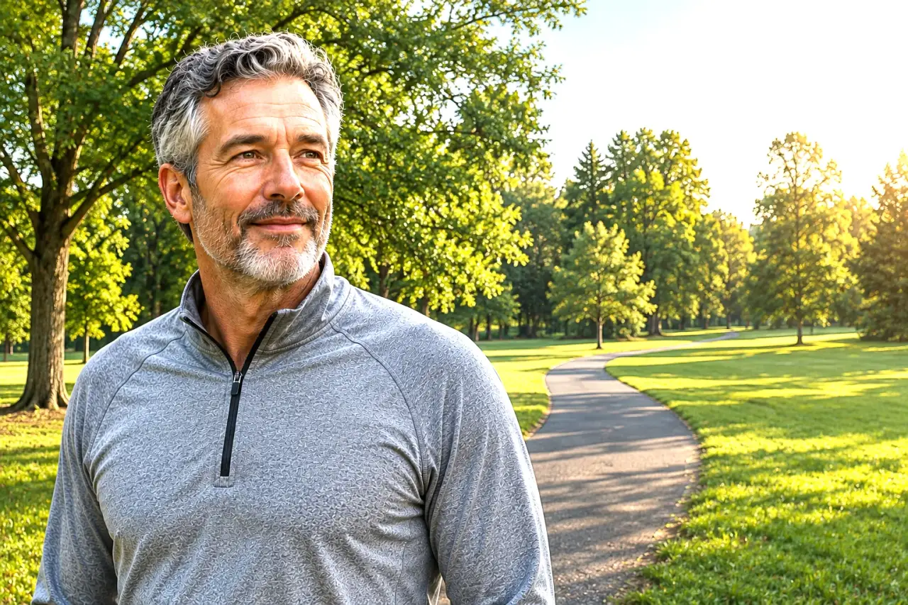 A man in his fifties on a morning walk in the park, relaxed and healthy