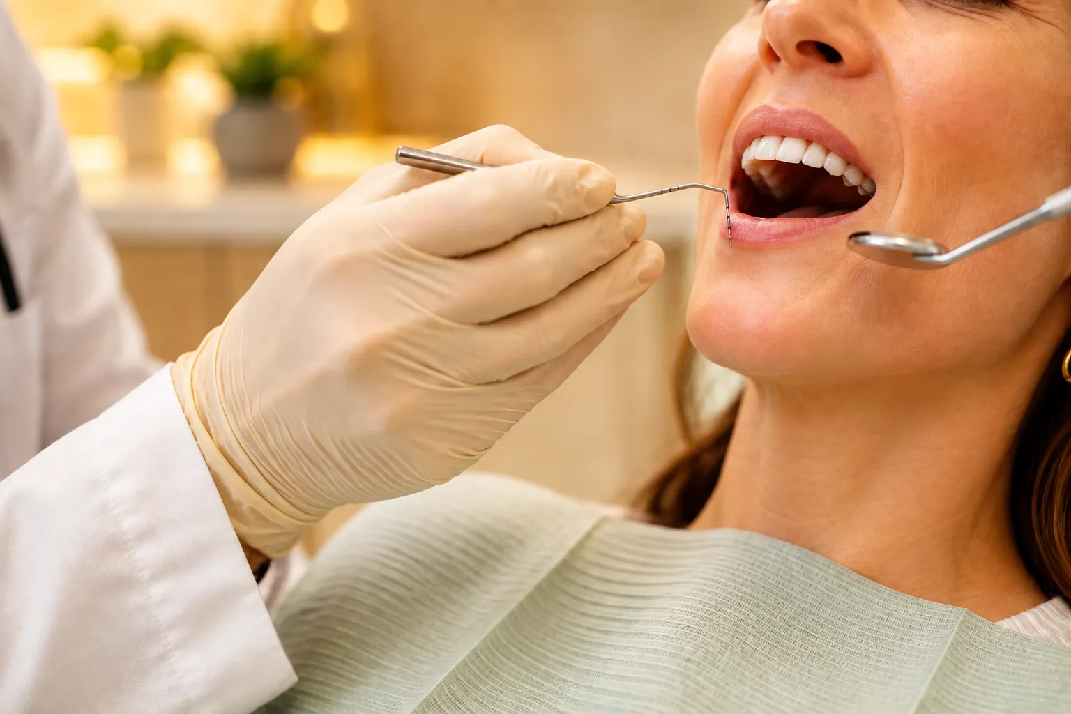 A periodontal probe measuring gum pocket depth during an exam