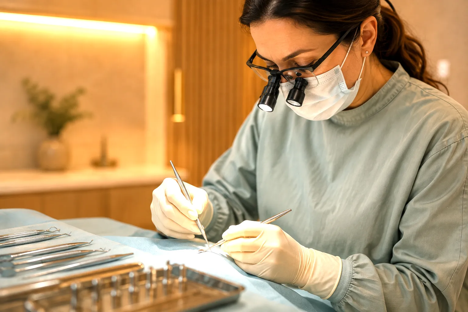 An oral surgeon working with precision instruments in the PerioEdge surgical suite